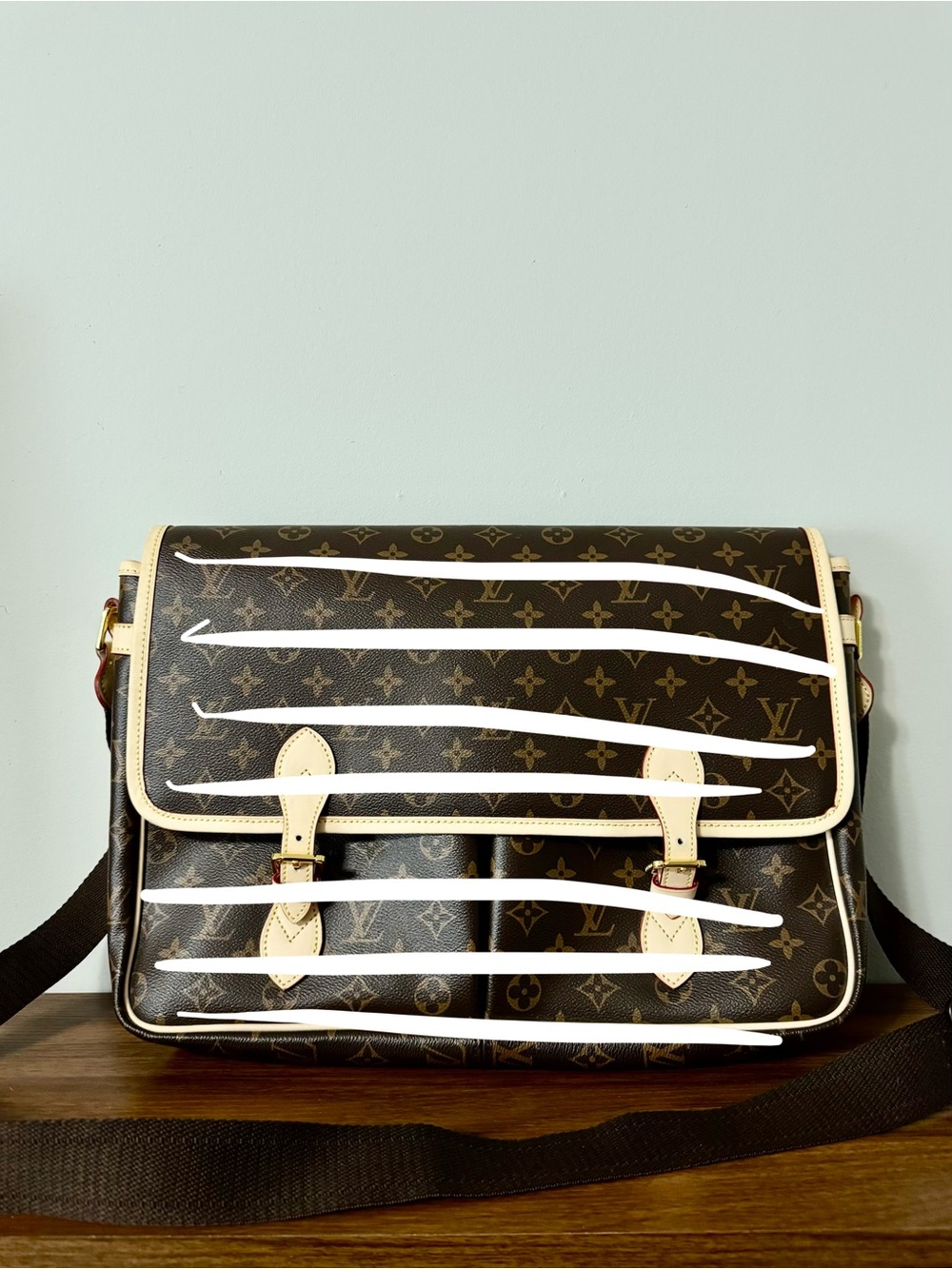 Elegant Luxury Monogram Satchel with Cream Trim and Gold Buckle & Long Strap
